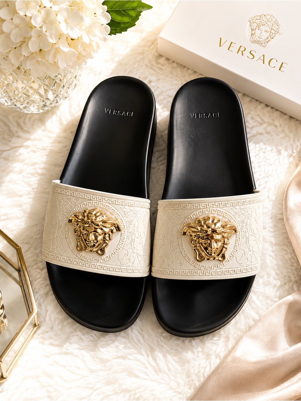 Versace Medusa Slide Sandals Black White Gold Men’s Size 8